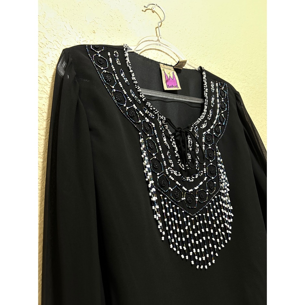 Anthony Original Tunic Top L Black Beaded Fringe Lace Up Chiffon Boho Festival - Picture 7 of 11